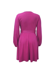 Back view of elegant rose red long sleeve midi dress with waist tie and slim fit design