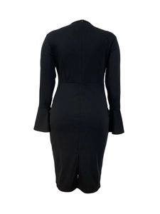 Detail view of black midi dress back featuring flare sleeves and invisible zipper closure