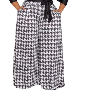 Pantalon large pied-de-poule grande taille pour femme avec ruban élégant à la taille