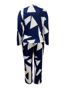 Rear view of women's two-piece set featuring navy and white geometric triangle patterns