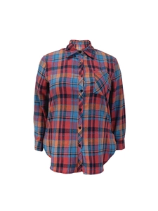 Detailed close-up of classic red and blue plaid pattern on long-sleeve cotton shirt