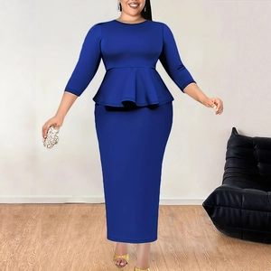 Elegant royal blue two-piece set featuring a peplum top and high-waisted midi skirt for women