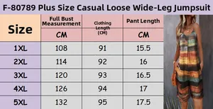 Size guide for plus size casual wide-leg jumpsuit with detailed measurements from 1XL to 5XL