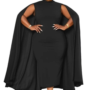 Elegant solid black bodycon midi dress featuring a stylish cape cloak and high neckline