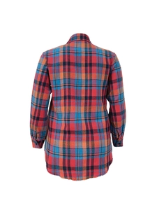 Back view of a classic red and blue plaid flannel shirt with a neat lapel collar design