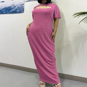 Women Plus Size Ribbed Knit Cutout Dress Short Sleeve Round Neck Slim Fit Solid Color Elegant Bodycon Long Midi Dress