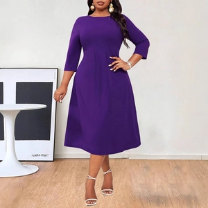 Robe Élégante Grande Taille pour Femmes Violet Col Rond Manche Trois Quarts Ligne A Midi Taille Haute Plissée Navetteur Fête Mode