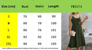 Detailed size chart for the V-neck backless sleeveless summer dress in dark green