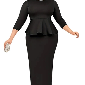 Elegant black peplum midi dress with 3/4 sleeves and a slim fit waist for women
