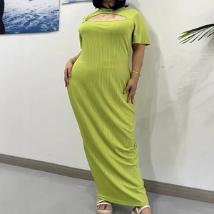 Slim fit bright green ribbed knit short sleeve maxi dress with cutout detail at the neck