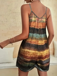 Women's backless v-neck romper with colorful rainbow stripe print and thin straps