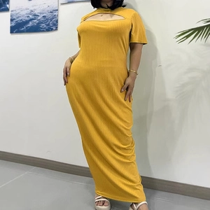 Slim fit mustard yellow short sleeve ribbed knit maxi dress with front cutout detail
