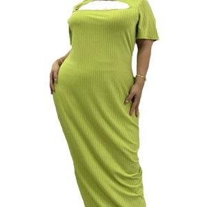 Grass green ribbed knit maxi dress with cut-out detail and short sleeves for women