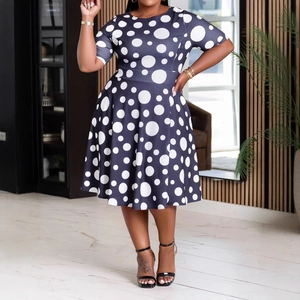 Abito da Donna Taglie Forti Blu Marino a Pois Manica Corta Elegante Linea A Swing Midi Girocollo Casual Primavera