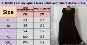 Size chart showing dimensions for a square neck short sleeve maxi dress in sizes S to XXL