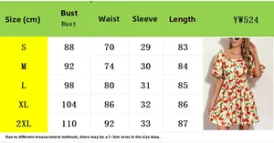Tableau des tailles détaillé pour robe à fleurs et manches bouffantes de S à 2XL