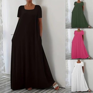 Detail view of four summer maxi dresses showing side pockets and various color options