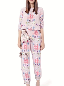 Ensemble Co-ordonné Décontracté Femme Haut à Manches Longues Col Rond et Pantalon Carotte Rose Imprimé Ethnique Géométrique