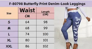 Tabella taglie dettagliata per leggings stile denim con stampa farfalle S-XXL