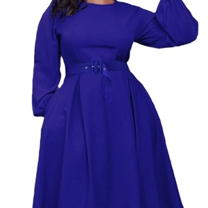 Elegant navy blue long sleeve pleated dress with waist belt and lantern sleeves