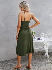 Elegant army green backless V-neck slip midi dress with slim straps and cinched waist