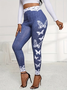 Leggings Donna Stampa Farfalla Pizzo Finto Denim Slim Fit Vita Alta Elasticizzati Pantaloni a Matita per Uso Quotidiano
