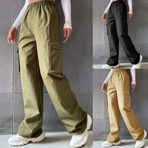 Pantaloni Cargo a Vita Alta da Donna Gamba Larga Diritti Con Tasche a Patta Streetwear Tinta Unita Casual Moda Primavera