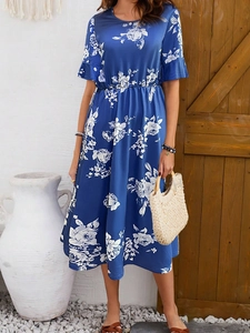 Abito Midi da Donna Estivo Casual a Fiori Manica Corta Volant Girocollo Vita Elastica Vacanza Spiaggia Abito Linea A
