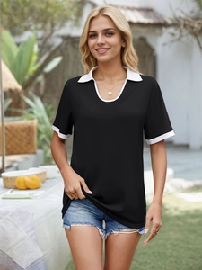 Women's black short sleeve polo shirt with white contrast trim and casual sporty style