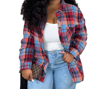 Women's plus size plaid flannel shirt with lapel collar and long sleeves in red and blue