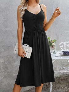 Elegant black V-neck sleeveless midi dress with pleated waist and refined draping effect