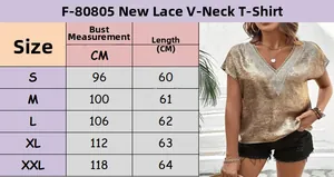 Size chart for lace V-neck satin t-shirt showing S to XXL measurements in centimeters