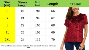 Guide des tailles détaillé pour t-shirt femme en velours à col rond et manches courtes