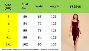 Size chart for velvet slit evening dress with bust and waist measurements in S to 2XL