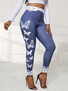 Leggings stile denim blu a vita alta con stampa farfalla e dettagli in pizzo bianco