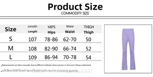 Detailed size guide for high waist flare pants with length, hips, waist measurements
