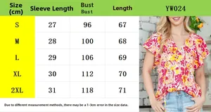 Size chart for V-neck floral print short sleeve blouse with measurements in centimeters