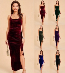 Detailed close-up showing color options for the ruched velvet halter neck evening gown
