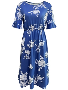 Elegante abito midi floreale blu reale con maniche corte a volant e vita alta