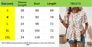 Detailed size chart for women's summer polka dot t-shirt showing bust and length