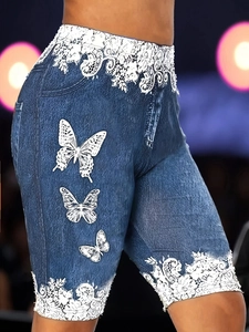 Pantaloncini da Yoga Donna a Vita Alta con Stampa Finto Denim Pizzo Farfalla Push-up Glutei Fitness Ciclista