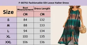 Size chart detail for tie-dye maxi dress showing S to XXL dimensions and measurements