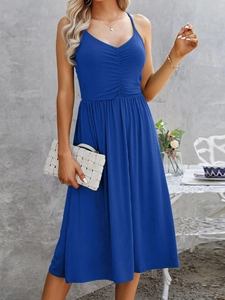 Elegant royal blue V-neck midi dress with gathered front detail for summer wear