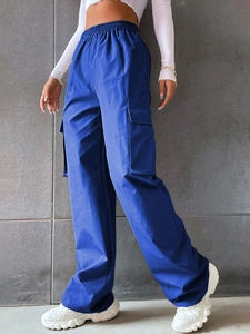 Pantalon cargo bleu roi à taille haute pour femme avec poches latérales et taille élastique