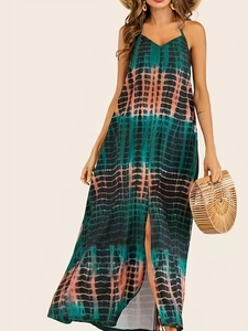 Summer Sexy Halter V-Neck Tie-Dye Maxi Dress For Women Sleeveless High Waist Slit Hem Casual Vacation Long Dress