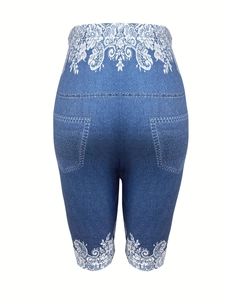 Pantaloncini da yoga a vita alta da donna finto denim con pizzo bianco e farfalle