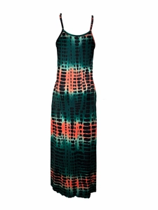 Summer tie-dye maxi dress with green orange black gradient print and spaghetti straps