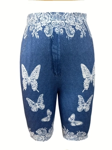 Pantaloncini da yoga a vita alta con stampa denim, bordi in pizzo e farfalle bianche