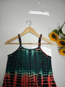Summer tie-dye slit maxi dress with gradient ink green to coral red block patterns