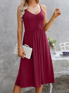Elegant wine red V-neck spaghetti strap dress with ruched bodice and A-line silhouette